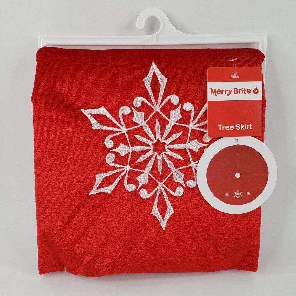 Merry Brite Red Snowflake Christmas Tree Skirt 42" Velvet Fabric Embroidery